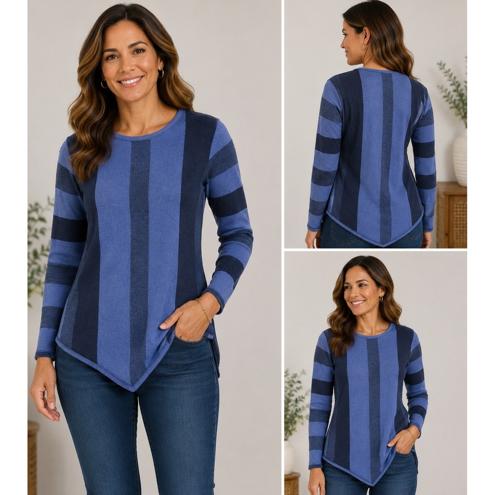 Westbound Sweater Women PM Blue Striped Sharkbite Hem Crew Neck Long Sleeve